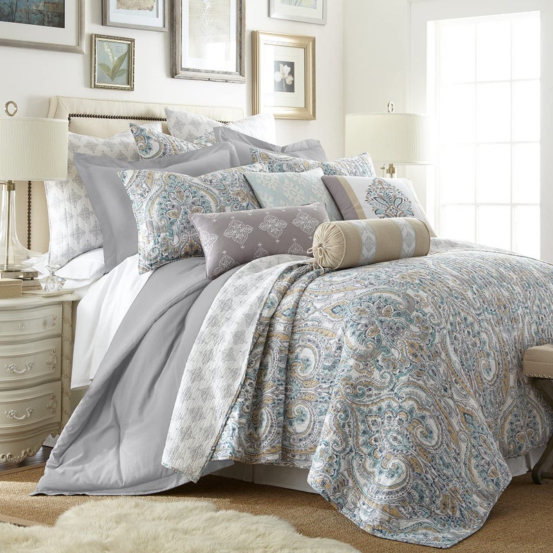 Levtex Home - Rome Quilt Set - King Quilt (106x92in.) + Two King Pillow Shams (36x20in.) - Paisley - Beige, Blue, and White - Reversible - Cotton Fabric - Image 2